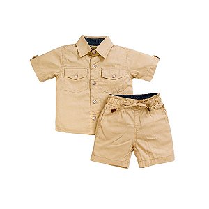 Conjunto Camisa Manga Curta Bermuda Tricoline Bege