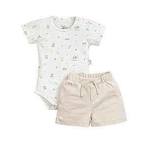 Conjunto Body Estampado Cachorrinho Shorts Suedine Pima Bege