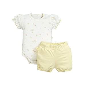 Conjunto Body Manga Curta Estampado Shorts Suedine Pima Amarelo