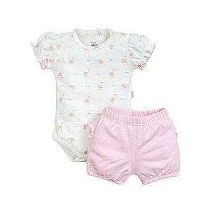 Conjunto Body Manga Curta Estampado Shorts Suedine Pima Rosa Bebê