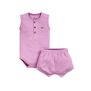 Conjunto Body Regata Shorts Canelado Lilás