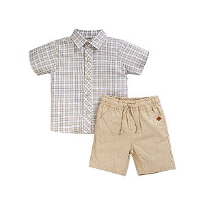 Conjunto Camisa Manga Curta Bermuda Linho Bege