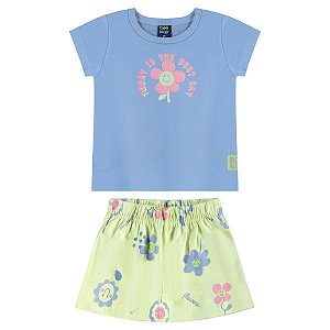 Conjunto Blusa e Short-Saia em Meia Malha Azul