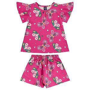 Conjunto Blusa Manga Curta e Short em Meia Malha Rosa