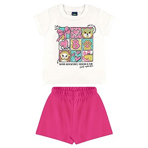 Conjunto Blusa Meia Malha e Short em Moletom Off White