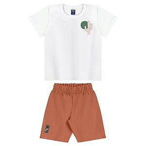 Conjunto Camiseta Malha Branca e Bermuda Moletom Marrom