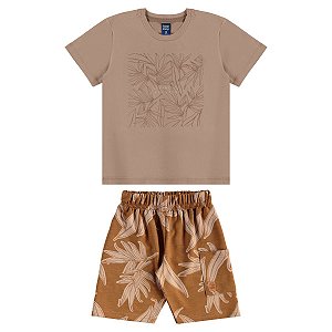 Conjunto Camiseta Malha e Bermuda Moletom Caqui