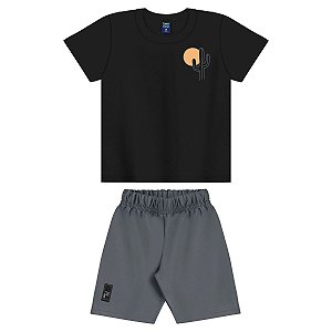 Conjunto Camiseta Malha Preta e Bermuda Moletom Cinza