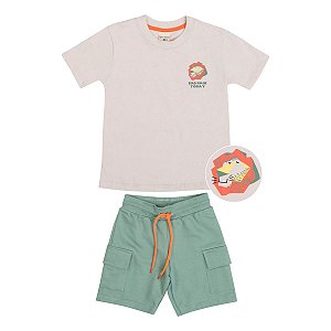 Conjunto Bad Hair Camiseta Bege Meia Malha Bermuda Moletom