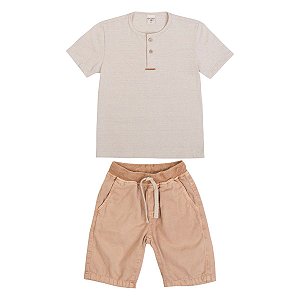 Conjunto Fun Camiseta Bege Malha Jaquard Eco Bermuda Sarja