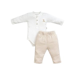 Conjunto Body Bordado Cachorrinho Calça Suedine Pima Bege