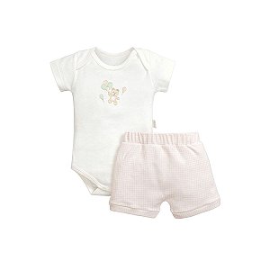Conjunto Body Estampado Shorts Ursinho Bege