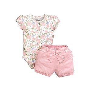 Conjunto Body Manga Curta Shorts Suedine Feminino Rosa