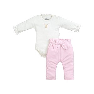 Conjunto Body Manga Longa Bordado com Calça Suedine Pima Rosa Bebê