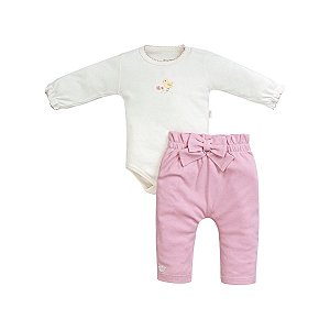 Conjunto Body Manga Longa Bordado com Calça Suedine Pima Rosê