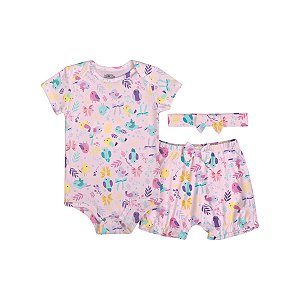 Conjunto Spring Birds Body, Shorts e Faixa Malha Térmica Rosa Bailarina