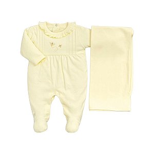 Kit Macacão Longo Bordado com Manta Suedine Pima Amarelo