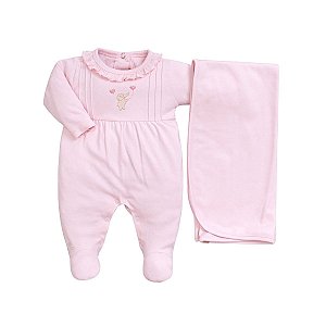 Kit Macacão Longo Bordado com Manta Suedine Pima Rosa Bebê