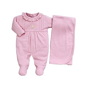 Kit Macacão Longo Bordado com Manta Suedine Pima Rosê