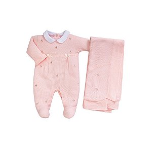 Kit Macacão Longo com Manta Malha Tricot Rosa