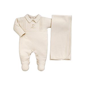 Kit Macacão Longo e Manta Bordado Cachorrinho em Suedine Pima Bege
