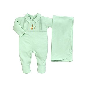 Kit Macacão Longo e Manta Bordado Girafinha em Suedine Pima Verde