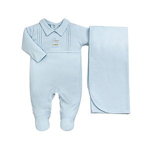 Kit Macacão Longo e Manta Bordado Trenzinho em Suedine Pima Azul