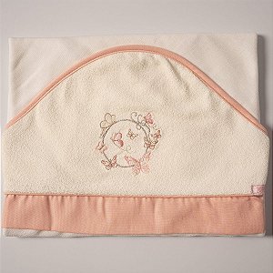 Toalha Felpa Forrada com Fralda e Capuz Borboleta Salmão
