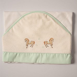 Toalha Felpa Forrada com Fralda e Capuz Cavalos Verde Menta
