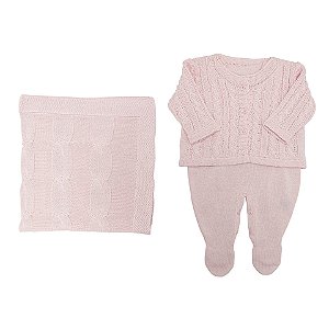 Saída Maternidade 3 Peças Tricot Trança Rosa
