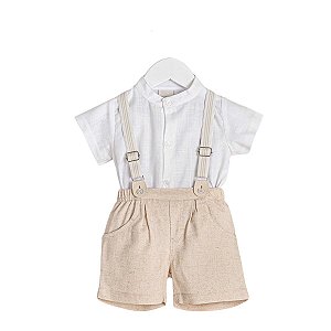Conjunto Body Camisa Manga Curta com Short Linho e Suspensório