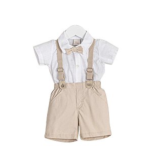 Conjunto Body Camisa Manga Curta com Short Oxford e Suspensório