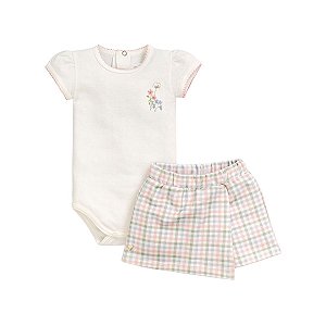 Conjunto Body Manga Curta com Short Saia Suedine Off White