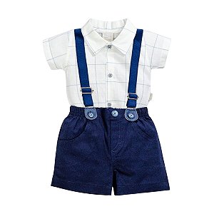 Conjunto Body Manga Curta com Short Sarja e Suspensório