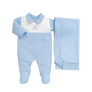 Kit Macacão Longo Bordado com Manta Tricot Barquinho Azul