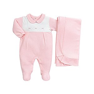 Kit Macacão Longo Bordado com Manta Tricot Flores Rosa