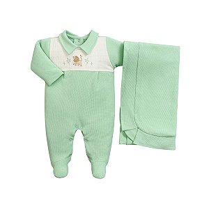 Kit Macacão Longo Bordado com Manta Tricot Leão Verde