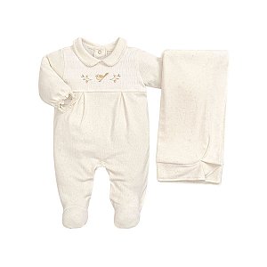 Kit Macacão Longo Bordado com Manta Tricot Passarinho Off White