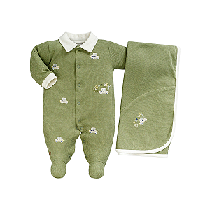 Kit Macacão Longo e Manta Malha Carros Verde