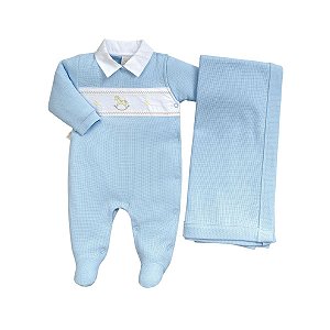 Kit Macacão Longo e Manta Malha Tricot Cavalinho Azul