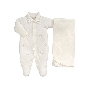 Kit Macacão Longo e Manta Malha Tricot Cavalinho Off White