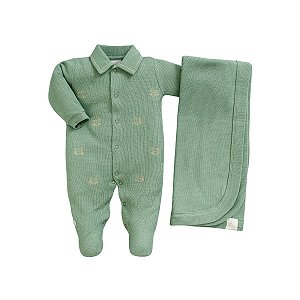 Kit Macacão Longo e Manta Malha Tricot Cavalinho Verde