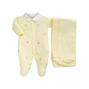 Kit Macacão Longo e Manta Malha Tricot Flores Amarelo