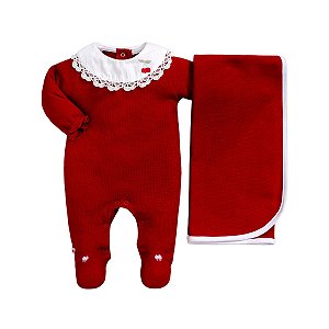 Kit Macacão Longo e Manta Malha Tricot Gola Renda