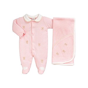 Kit Macacão Longo e Manta Malha Tricot Ursinho Rosa