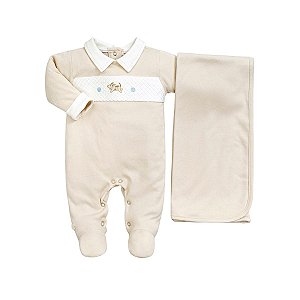 Kit Macacão Longo e Manta Suedine Cachorrinho Bege