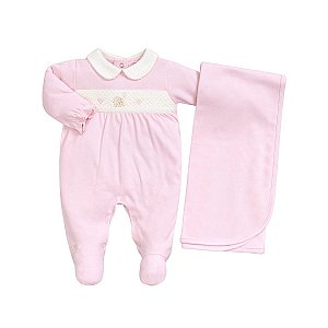Kit Macacão Longo e Manta Suedine Elefantinho Rosa
