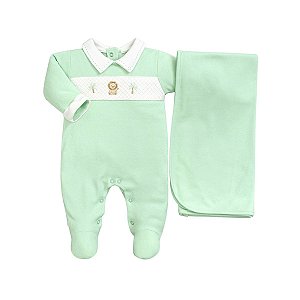 Kit Macacão Longo e Manta Suedine Leãozinho Verde