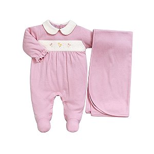 Kit Macacão Longo e Manta Suedine Passarinho Rosê