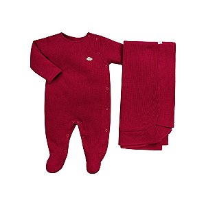 Kit Macacão Longo com Manta Malha Tricot Vermelho